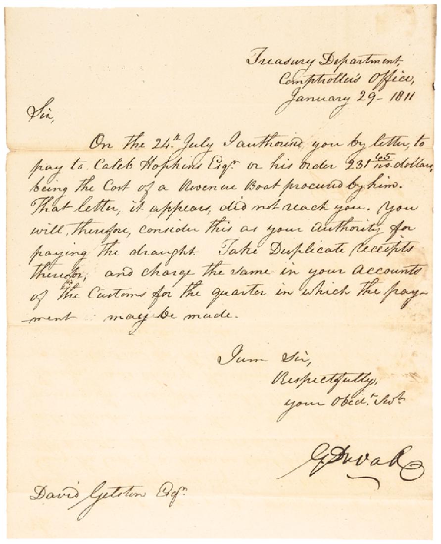 1811 GABRIEL DUVALL U.S. Treasury ALS: Autographs 1811 Treasury Department Autograph Letter Signed by Gabriel Duvall as First Treasury Comptroller 1802 to 1811 GABRIEL DUVALL (1752-1844). Comptroller of the U.S. Treasury and Supreme Court