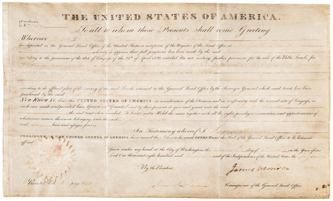 1823 President JAMES MONROE Signed Document: Autographs Boldly Signed 1823 “James Monroe” Vellum Land Grant JAMES MONROE (1758-1831). 5th President of the United States. During the War of 1812, Monroe held the critical roles of both Secretar