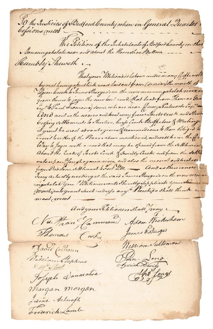 c 1771 Citizens Petition for a Fort Pitt New Road: Colonial America Citizens Petition for a New Road from the Mouth of Pigion Creek to Fort Pitt at Colonial Bedford County, Pennsylvania c. 1771 c. 1771 with January 7, 1772-Dated Colonial Era noted on 