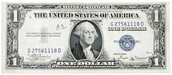 ALBERT EINSTEIN, Initials a $1 Bill--Rare: AutographsAlbert Einstein Initials "A.E." on a One Dollar Bill ! ALBERT EINSTEIN. Signed $1 Bill, "A.E.", c. 1940s, Princeton, Very Choice Extremely Fine. In the mid 1940s, two student