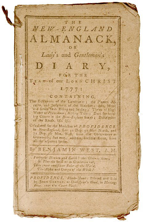 1777, New England Almanack by Benjamin West: American RevolutionFirst Declaration of Independence Anniversary Noted 1777, New England Almanack or Lady’s and Gentleman’s Diary," by Benjamin West, Printed by John Carter at Providence,