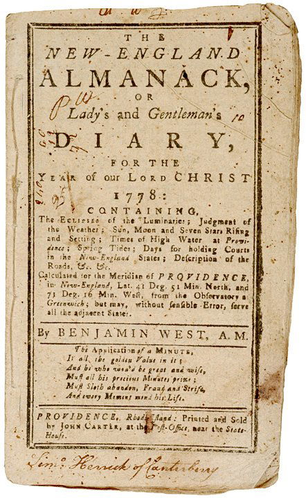 1778 Listing Of Presidents + Governors of RI: American Revolution1778 Listing Of Presidents & Governors Of Rhode Island 1778, New England Almanack or Lady’s and Gentleman’s Diary," by Benjamin West, Printed by John Carter at Providenc