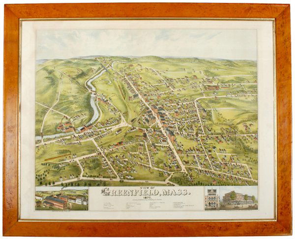 Hand Colored Print, 1877, Map: Greenfield Mass.: Prints"View Of Greenfield Mass." 1877 Hand Colored Print 1877, Map, "View Of Greenfield Mass.," Hand-colored Lithograph, by O. H. Bailey & Co., Boston, Choice Extremely Fine. This wond