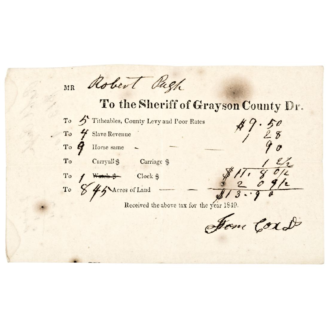 1849 Official Receipt For Taxes Paid On Slaves (1 of 2)