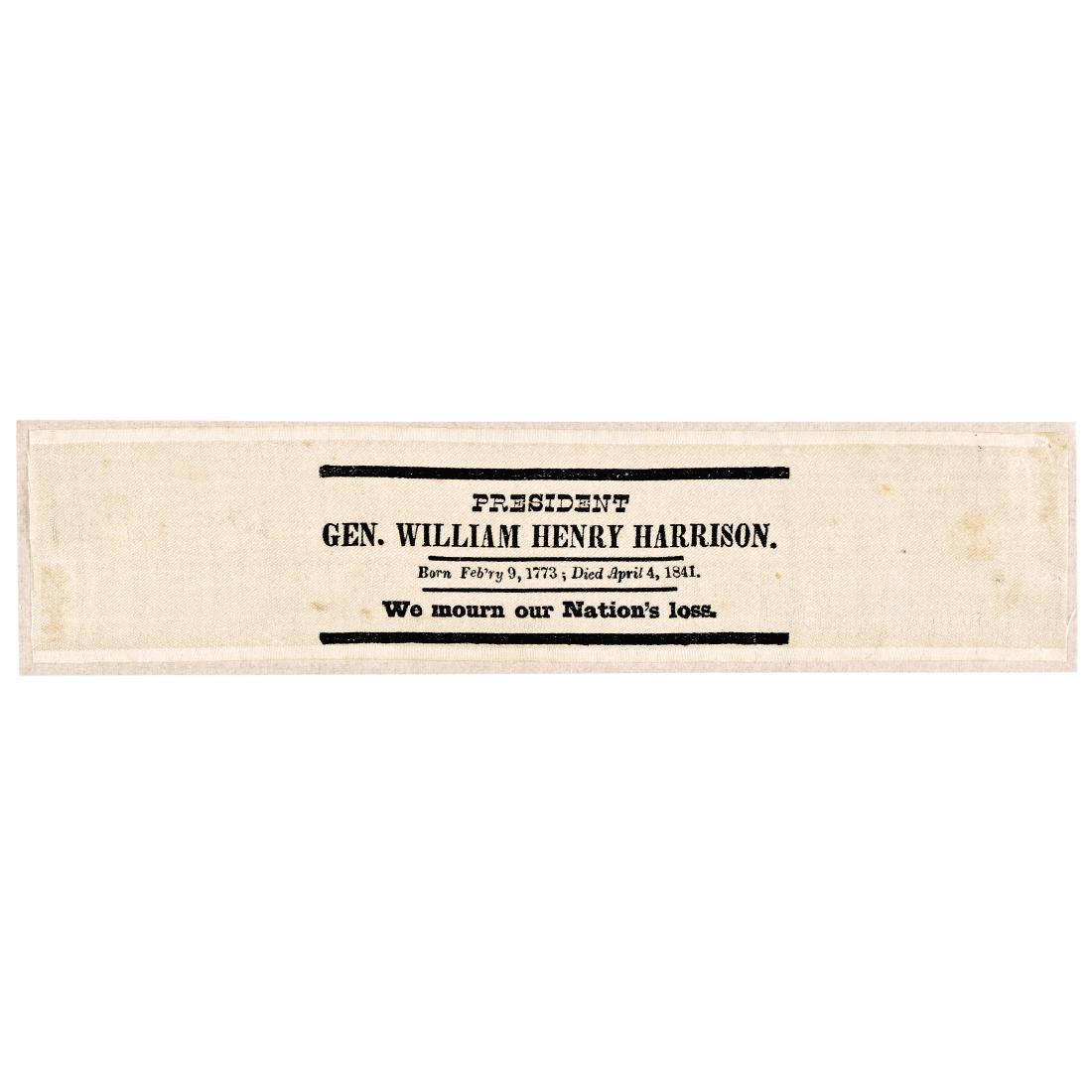 1841 William Harrison Horizontal Mourning Ribbon: Political 1841 President William Henry Harrison Mourning Silk Ribbon in a Rare Horizontal Printed Typeset Text Format 1841 President William Henry Harrison “Mourning” Silk Ribbon, Horizontal Print