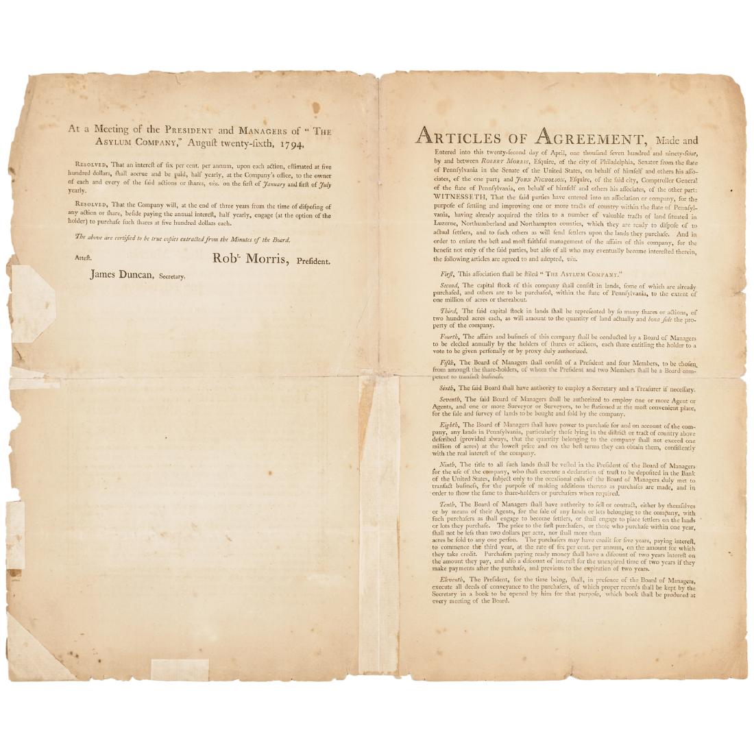 1794 ROBERT MORRIS Signed Asylum Company Stock: Autographs Robert Morris Signed Asylum Company Stock Certificate Multi-Signer & "The Financier of the American Revolution" ROBERT MORRIS (1734-1806). Signer of the Declaration of Independence, the Art