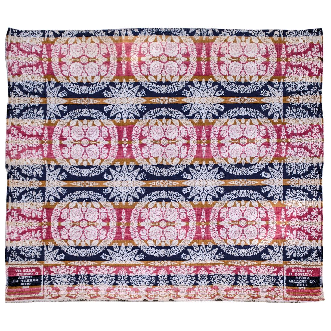 1851 Signed American FourColor Jacquard Coverlet