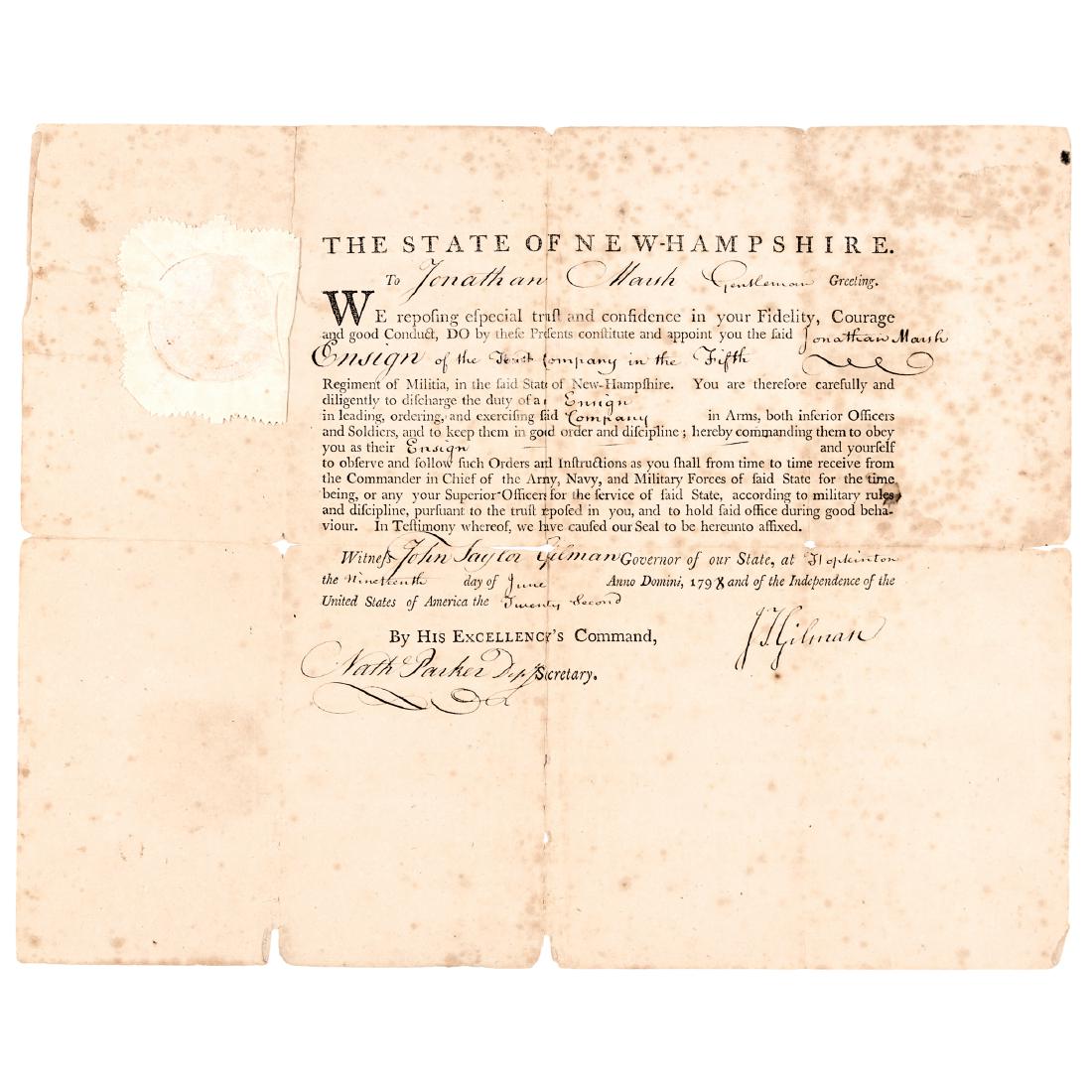 Military Appointment Signed JOHN TAYLOR GILMAN: Autographs 1798 John Taylor Gilman Signed NH. Military Appointment JOHN TAYLOR GILMAN (1753-1828). Two Time Governor of New Hampshire, Farmer, Shipbuilder, and Statesman from Exeter, New Hampshire. He