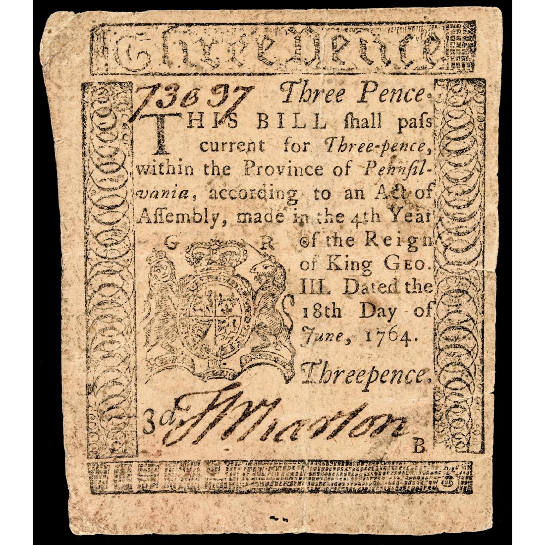 BEN FRANKLIN Colonial Currency PA. 1764 3d Note (1 of 2)