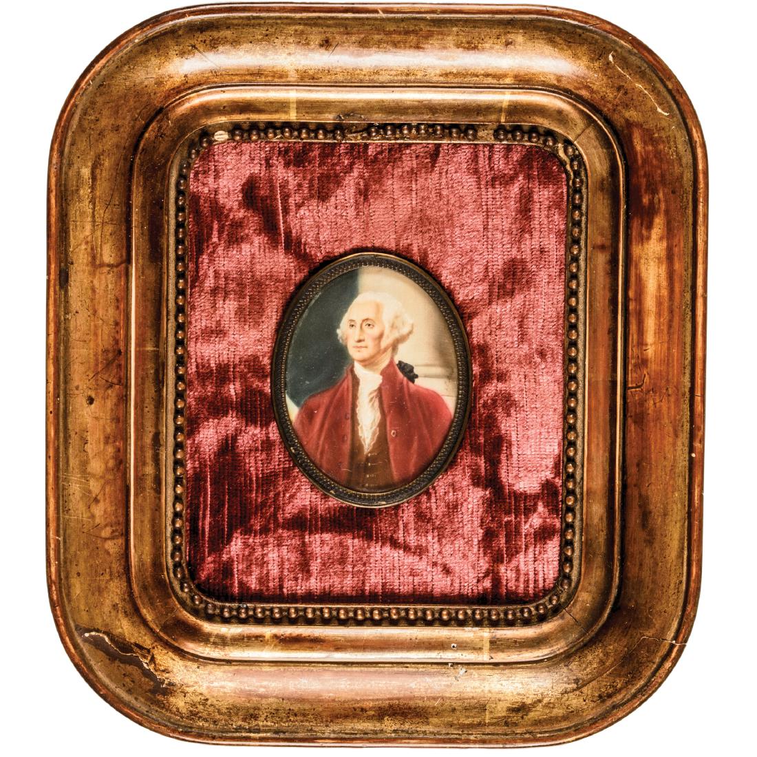 1880s George Washington Miniature Bust Portrait: Washington Related George Washington Painted Watercolor Portrait Miniature Late 18th to Mid 19th Century, Oval Watercolor Miniature Portrait of President George Washington, after Gilbert Stuart, measu