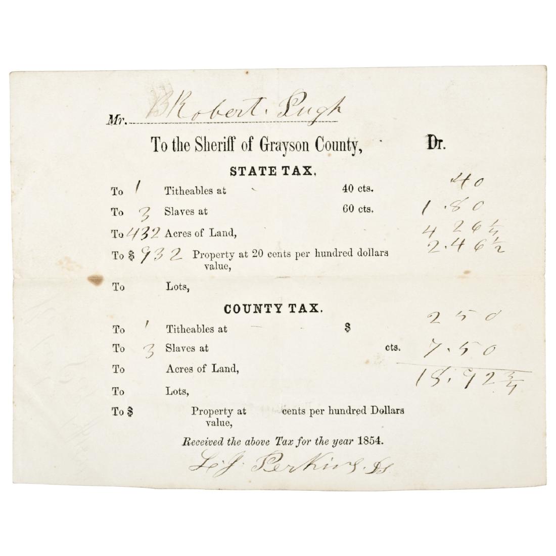 1854 Tax Receipt Paid On Slaves + Other Property (1 of 2)