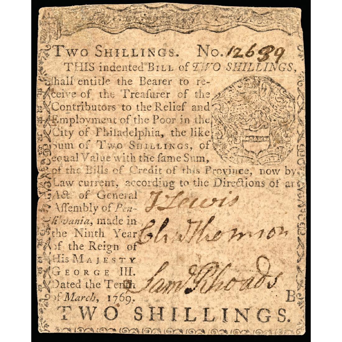 CHARLES THOMSON Signed 1769 PA. Colonial Note: Famous Signers on Colonial Currency Charles Thomson Signed PA Colonial Note Continental Congress Secretary throughout the Revolutionary War CHARLES THOMSON (1729-1824). Patriot Leader in Philadelphia