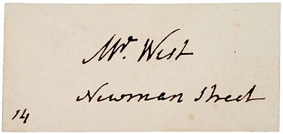 Benjamin West Visiting Card Signed: AutographsArtist Benjamin West’s Visiting Card BENJAMIN WEST, Portrait and Master Painter, Founder and President of the Royal Academy (1768). Visiting Card Signed: “Mr. West / Newman Stree