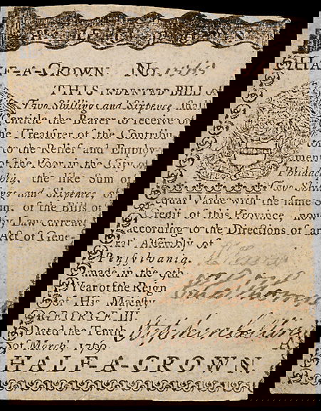 1769 Charles Thomson Signed Colonial Currency: Famous Signers on Colonial CurrencyMagnificent March 10, 1769 2s6d “the Relief and Employment of the Poor in the City of Philadelphia” CHARLES THOMSON. March 10, 1769, 2s6d, Plate A, Signe