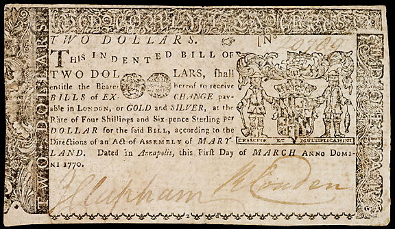 Colonial Currency, March 1, 1770, MD $2: ¥ Maryland Currency1770 Two Dollar Bill Showing Two Spanish Milled Dollars March 1, 1770, $2, Choice Crisp About Extremely Fine. A pleasing note from this scarcer, early issue which has nice margins,