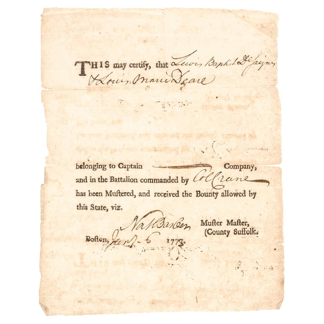 1778 Nathaniel Barber, Boston Tea Party Member: Autographs Nathaniel Barber Signed Exceedingly Rare Form, Boston Tea Party Participant, Muster Master, State Naval Officer NATHANIEL BARBER (1728-1787). Boston Tea Party participant, Revolutionary War
