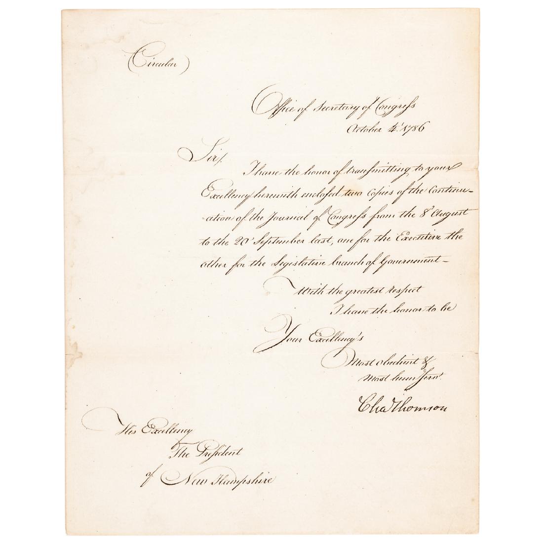 1786 CHARLES THOMSON Signed Continental Congress: Autographs Continental Congress Secretary Charles Thomson Signed Congressional Circular Document to "His Excellency The President of New Hampshire" 1786 CHARLES THOMSON (1729-1824). Irish born America