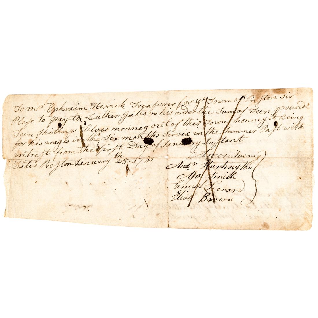 CT. Drummer Boy Wintered at VALLEY FORGE CAMP: American Revolution Original Pay-Order Made to a 16 Year-Old Revolutionary War Connecticut Drummer Boy For Six Months Service Who Wintered at George Washington's Valley Forge Camp January 25, 1781-Dat