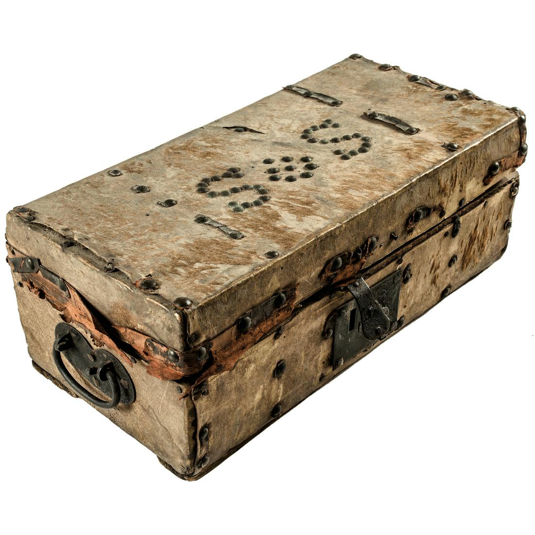 c 1780 American Document Box/Miniature Trunk: American Revolution c. 1780 Revolutionary War American Made Hand-Crafted Document Box / Miniature Trunk with Owner's Initials c. 1780 Revolutionary War Period, American Decorative Leather and Brass Ta