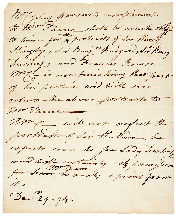 JOHN SINGLETON COPLEY, Autograph Letter Signed: AutographsPainter John Singleton Copley Borrows Some Portraits JOHN SINGLETON COPLEY, American Artist. December 29, 1794, Autograph Letter Signed, "Mr. Copley" (in the third person), 1 page, 9