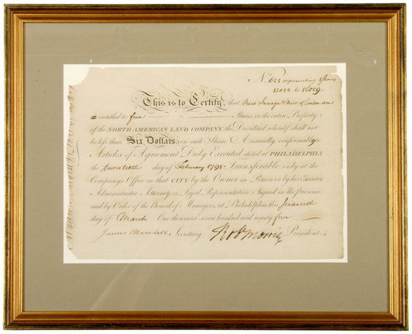 ROBERT MORRIS Signed Shares Document, 1795: Autographs"Robt Morris" Signed Stock Certificate ROBERT MORRIS, Signer of the Declaration of Independence; Revolutionary War Financier. February 20, 1795, North American Land Company Shares Do