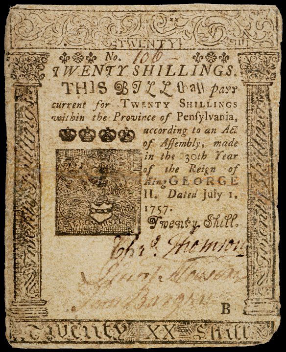 CHARLES THOMSON Signed Colonial Currency: AutographsCharles Thomson Printed By Benjamin Franklin CHARLES THOMSON, Sole Official Secretary of the Continental Congress. Province of Pennsylvania. July 1, 1757. Twenty Shillings. Plate B. Issue Pr
