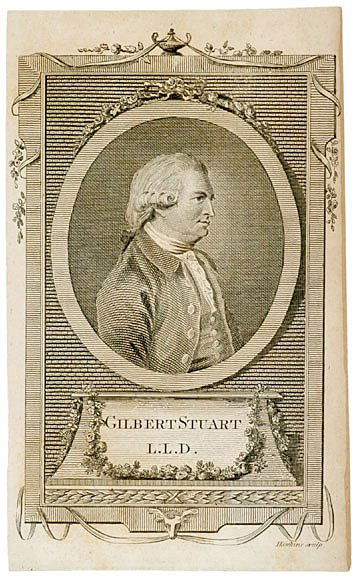 c. 1780, Scarce Print of Gilbert Stuart: PrintsScarce Print of Colonial American Artist Gilbert Stuart c. 1780, Print of Gilbert Stuart, Very Fine. 7.5" x 4.75," light, even, age toning. Engraved by Hawkins. Stuart became famous for