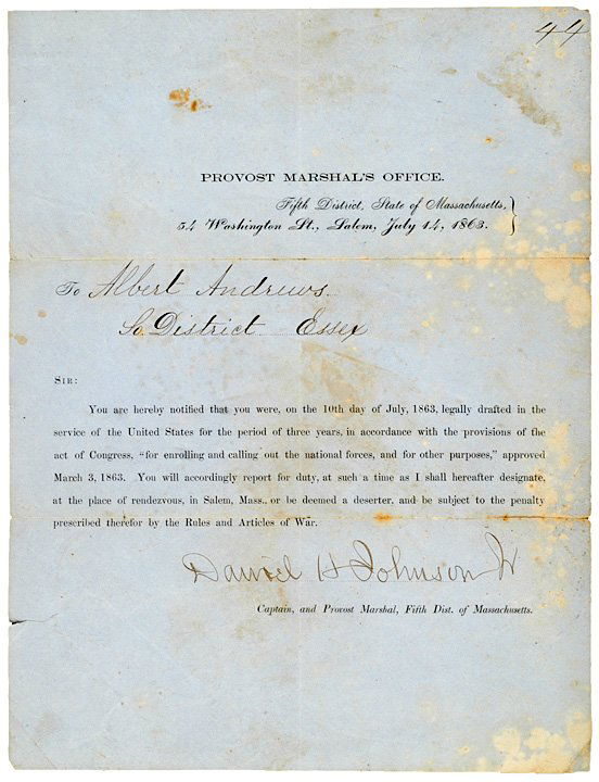 4028 1863 Massachusetts Civil War Draft Notice