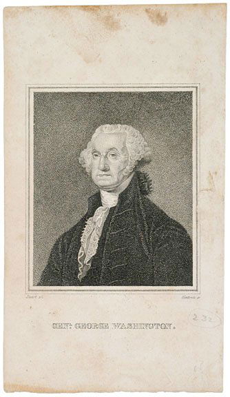 Washington Print after Stuart, by Gimbrede: Washington RelatedEngraved Print After the Painting by Gilbert Stuart "GENL. GEORGE WASHINGTON," after a Painting by Gilbert Stuart, Very Fine. 3.5" x 3" uncolored image on 6.9" x 4" paper. Engrav