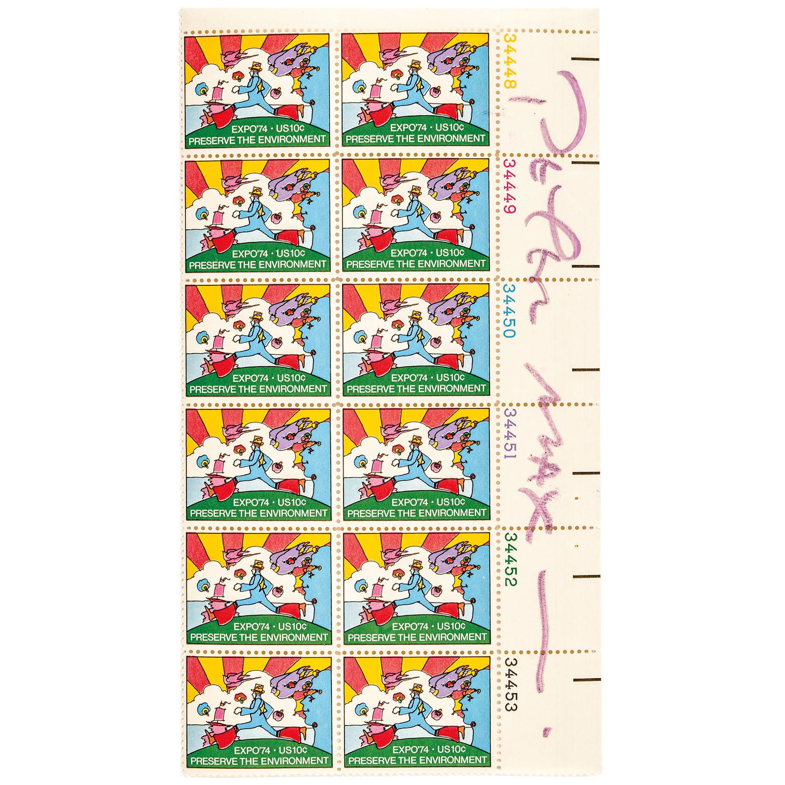 PETER MAX Signed World's Fair Expo74 Stamp Sheet: Autographs "Peter Max" Signed 1974 World's Fair Expo74 Stamp Sheet PETER MAX (born Peter Max Finkelstein, October 19, 1937). American German-born Jewish Artist best known for his "Cosmic Brownies" Pop