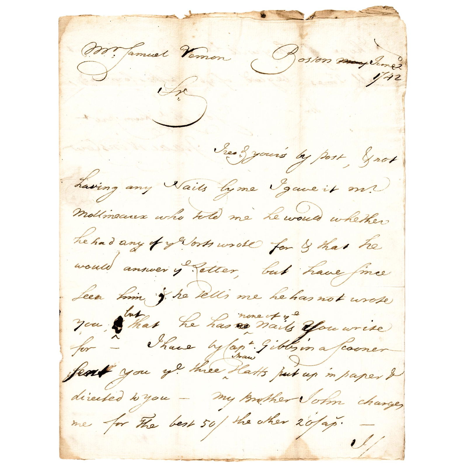 1742 ISAAC WINSLOW Boston TEA PARTY Merchant ALS: Autographs Isaac Winslow Boston Merchant Autograph Letter Signed ISAAC WINSLOW (1709"1777). Boston Merchant, Loyalist, his nephew, Joshua, and his uncle, Richard Clarke, were among the Consignees of t