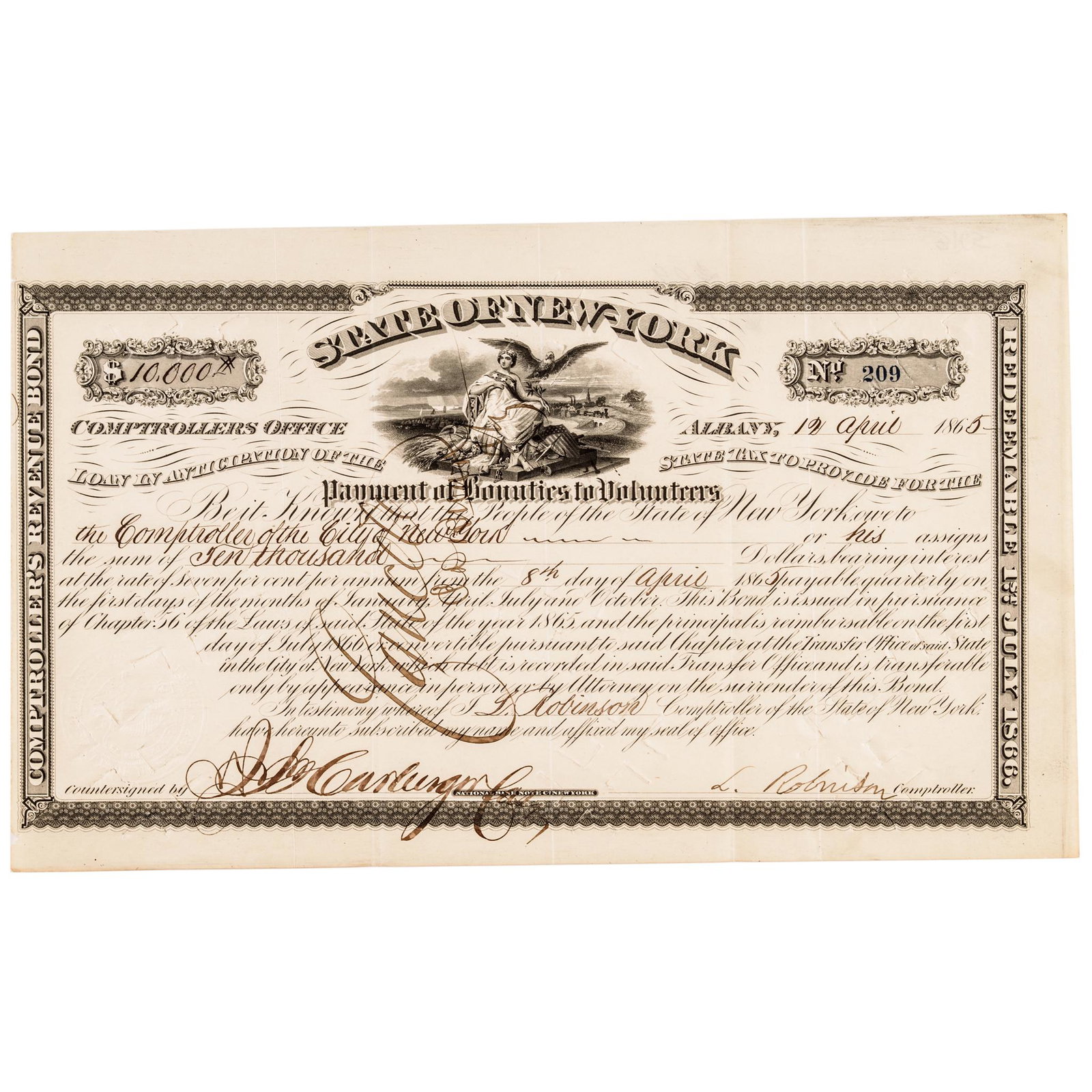 1865 NY Civil War $10K Enlistment Bounty Payment (1 of 2)