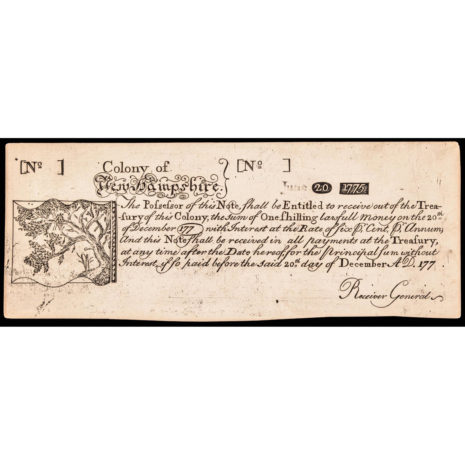 Paul Revere Engraved June 1775 New Hampshire Note: American Revolution Paul Revere Engraved June 20, 1775 New Hampshire Note Colony of New Hampshire. June 20, 1775. One Shilling. (c. 1850) Reprinted Note off the Original Copper Plate Engraved by Paul 