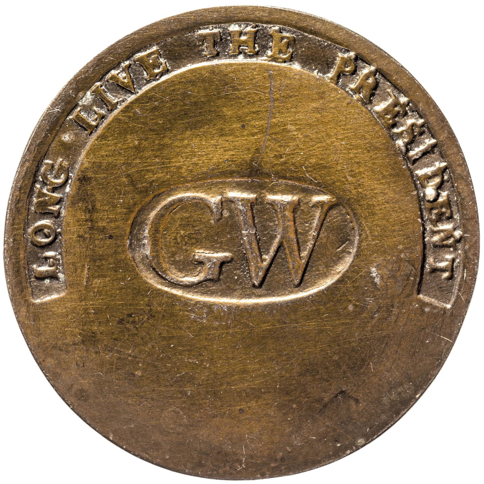 (1789) Choice George Washington Inaugural Button: Washington Buttons (1789) George Washington Inaugural Button with "LONG LIVE THE PRESIDENT" & "GW" Text at Center Block (1789) George Washington Inaugural Button, "LONG LIVE THE PRESIDENT" with Centra