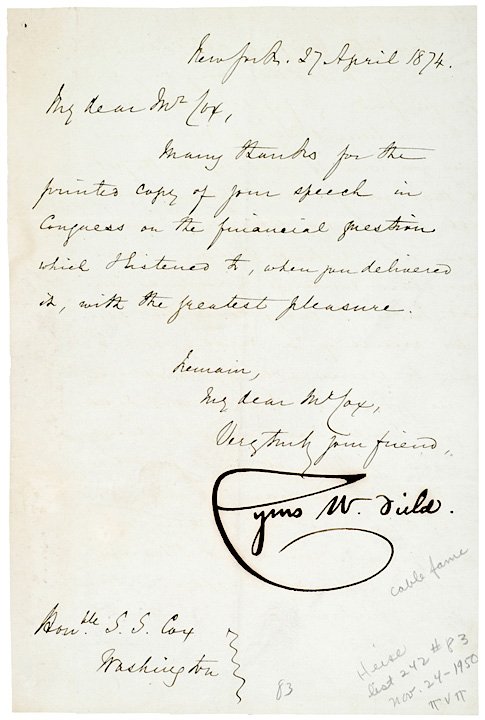 CYRUS W. FIELD, 1874, Autograph Letter Signed