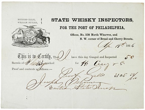 Port of PA Whisky Inspection Certification, 1866