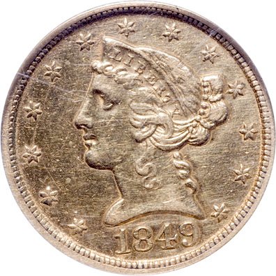 1849-D Liberty Head $5 Gold Half Eagle, Abt Unc