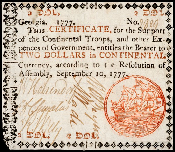 Colonial Currency, GA, Sept. 10, 1777, $2 SHIP