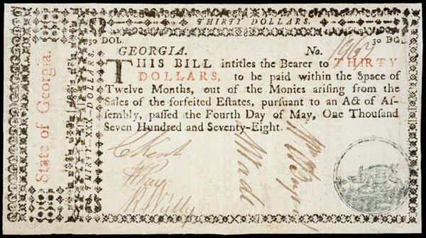 Colonial Currency, GA, May 4, 1778, $30 BOAR
