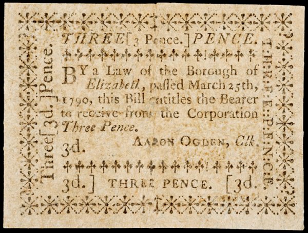 Colonial Currency NJ March 25, 1790, 3d ELIZABETH