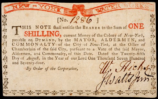 Colonial Currency NY Aug. 25, 1774, 1s WATERWORKS