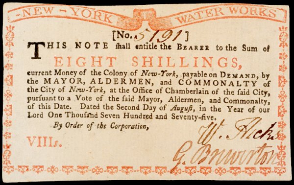 Colonial Currency NY Aug. 2, 1774, 8s WATER WORKS