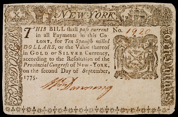 Colonial Currency NY, Sept. 2, 1775 $3, $10 Notes