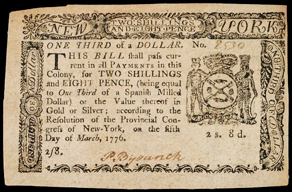 Colonial Currency, NY, March 5, 1776, $1/3