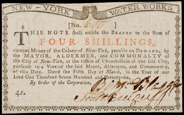 Colonial Currency NY, 3-5-1776, 4s WATER WORKS