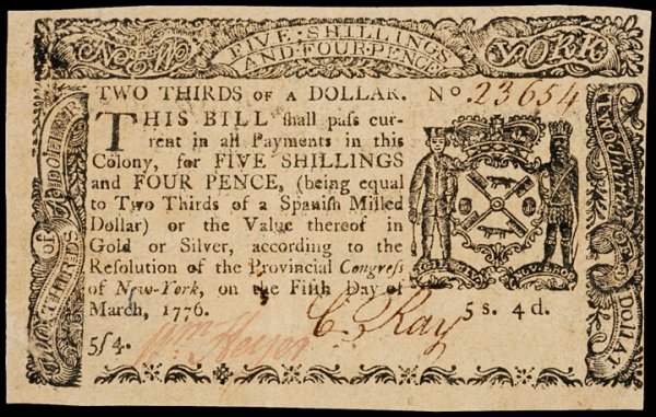 Colonial Currency, NY, March 5, 1776, $2/3