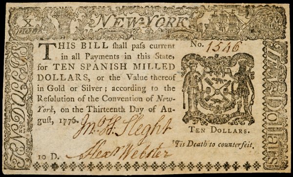 Colonial Currency NY, Aug. 13, 1776, $10 ELEPHANT