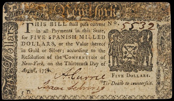 Colonial Currency, NY, March & Aug. 1776, 2 Notes