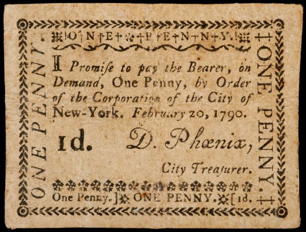 Colonial Currency, NY, February 20, 1790, 1¢