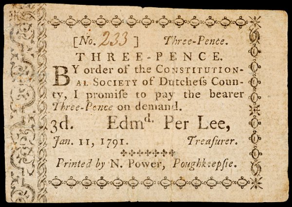 Colonial Currency NY, Jan. 11, 1791, 3d, DUTCHESS